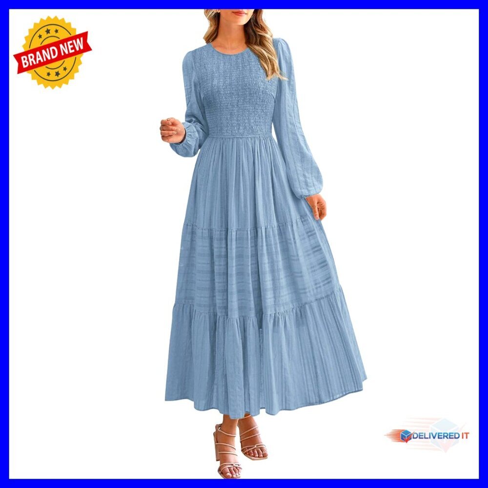 Long Sleeve Smocked Maxi Dress with Pockets, High Waist Tiered Flowy - Picture 1 of 7